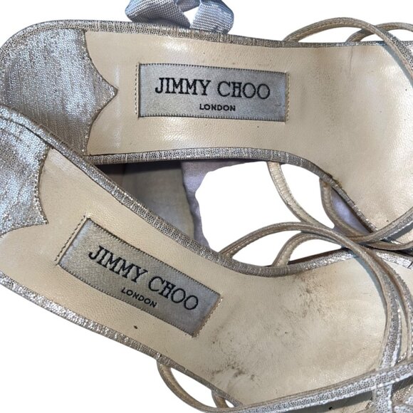 Jimmy Choo Silver metallic sparkle sandals heels HOLIDAY 7 1/2 LIKE New - Picture 3 of 7